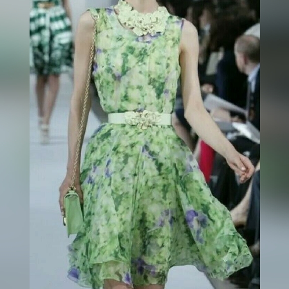 $5,900 NEW OSCAR DE LA RENTA ADOREABLE SILK GREEN IRISES RUNWAY DRESS US 8, 16 - Picture 2 of 16